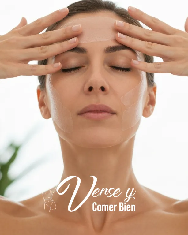Mujer con los ojos cerrados y las yemas de los dedos sobre la frente, practicando yoga facial