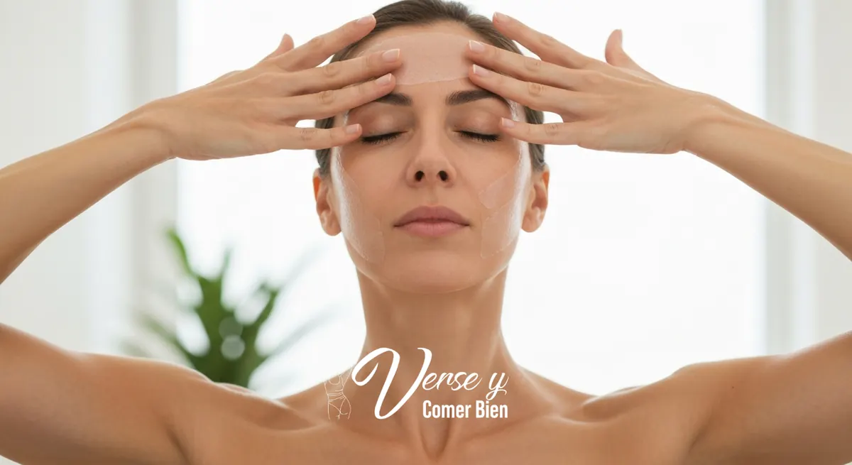 Mujer con los ojos cerrados y las yemas de los dedos sobre la frente, practicando yoga facial